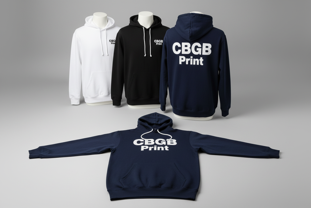 Custom long sleeve hoodies with CBGB Print logo - front and back views