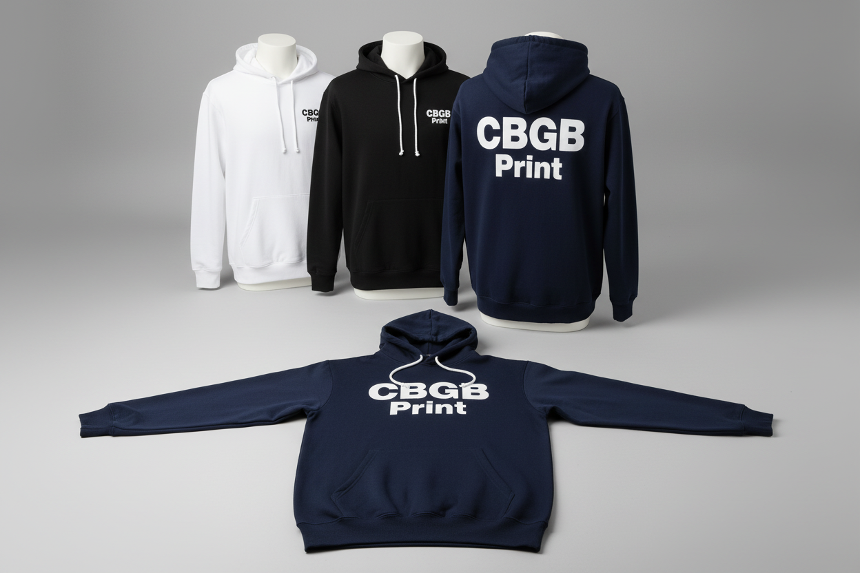 Custom long sleeve hoodies with CBGB Print logo - front and back views