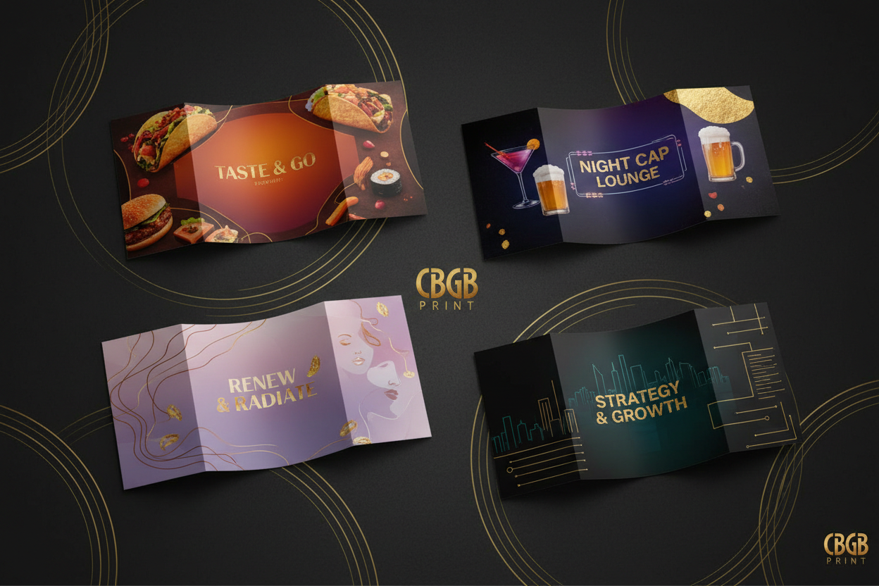 Folded leaflets for takeaways, restaurants, bars, salons and spas
