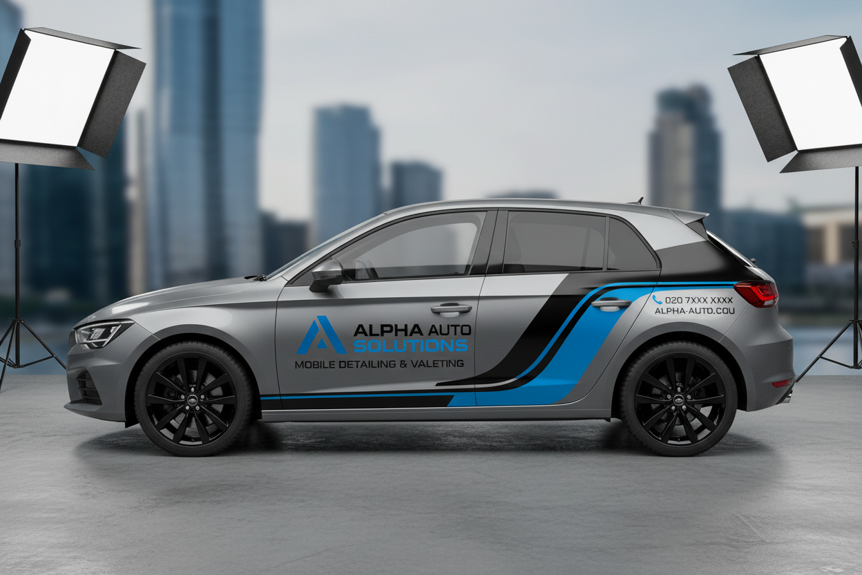 Car with side signage and vinyl graphics