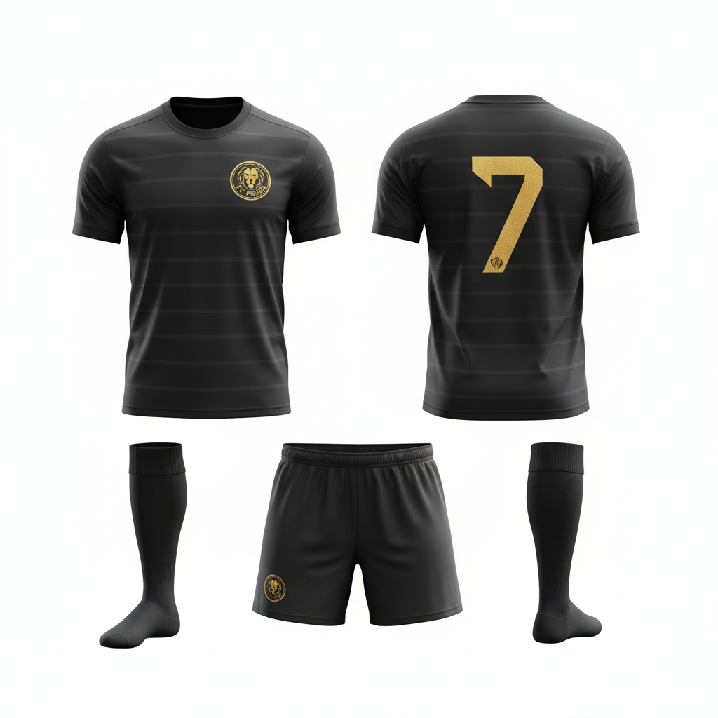 Black custom full football kit with gold crest and number