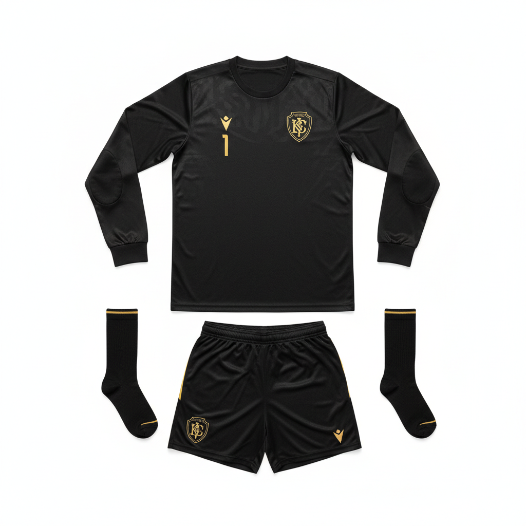 Black custom goalkeeper kit with gold embroidered crest