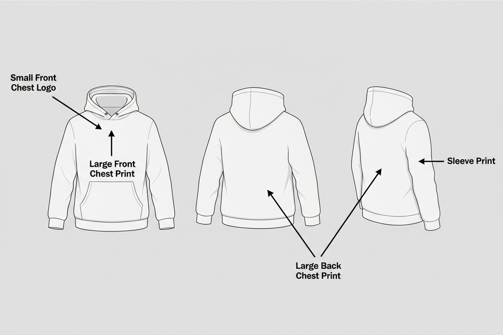 Long sleeve hoodie customization placement guide with extended back arrow