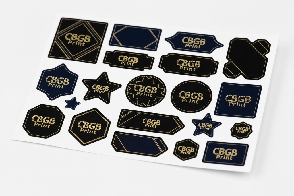 Vinyl stickers on a sheet in CBGB Print brand colours - dark and gold